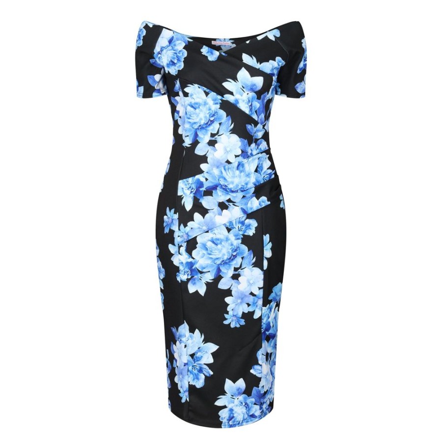 Pretty Kitty Fashion Pale Blue Floral Print Wiggle Pencil Dress W/ Cap Sleeves | Pencil Dresses