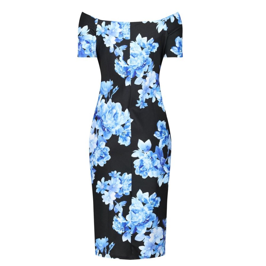 Pretty Kitty Fashion Pale Blue Floral Print Wiggle Pencil Dress W/ Cap Sleeves | Pencil Dresses