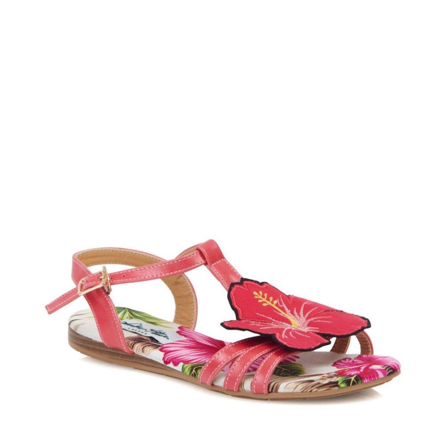 Lulu Hun Fuscia Pink Hibiscus T-Bar Flat Sandal | Shoes