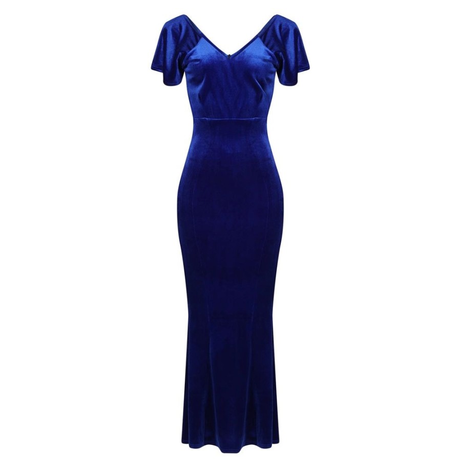 Pretty Kitty Fashion Cobalt V Neck Velour Maxi Dress W/ Fishtail Hem & Waterfall Sleev | Party Dresses