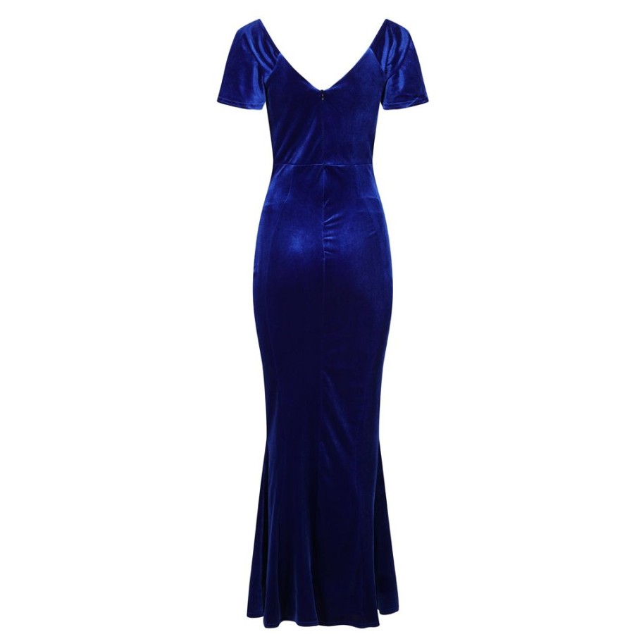 Pretty Kitty Fashion Cobalt V Neck Velour Maxi Dress W/ Fishtail Hem & Waterfall Sleev | Party Dresses