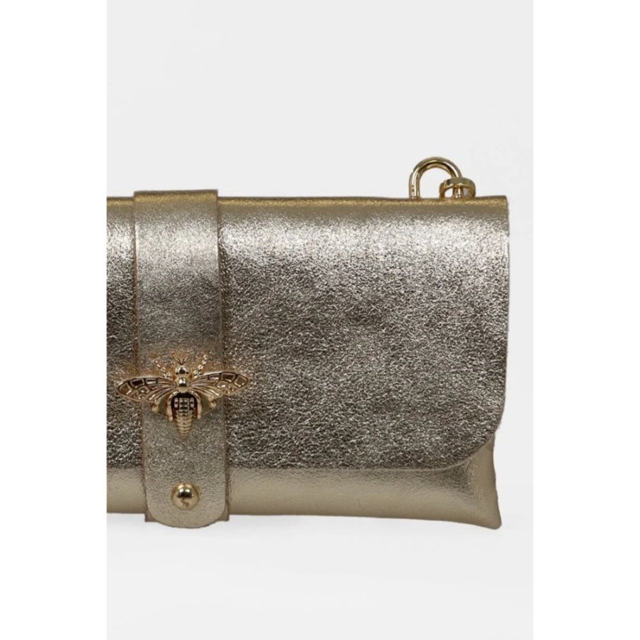 MSH Gold Bee Emblem Metallic Gold Leather Clutch Bag With Gold Chain Strap | Bags & Purses