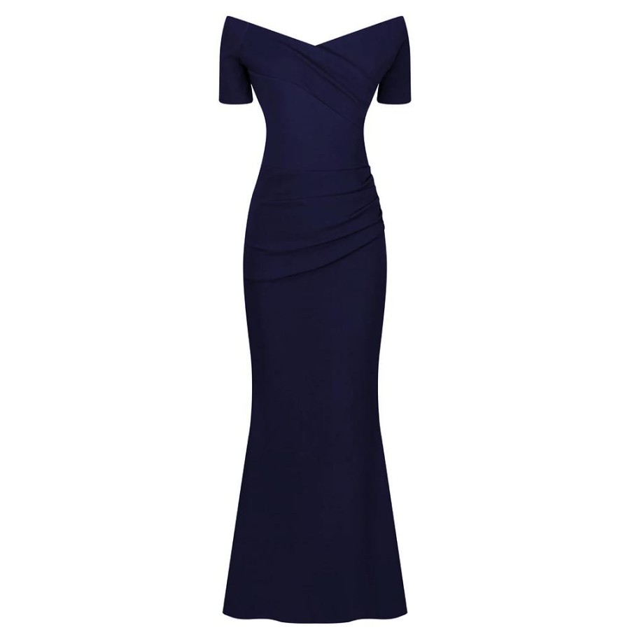 Pretty Kitty Fashion Navy Bardot Capped Sleeve Maxi Dress | Party Dresses