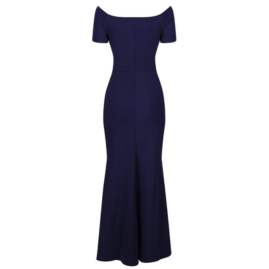 Pretty Kitty Fashion Navy Bardot Capped Sleeve Maxi Dress | Party Dresses