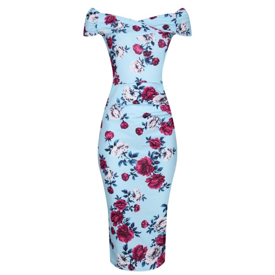 Pretty Kitty Fashion Sky Floral Cap Sleeve Crossover Top Bardot Wiggle Pencil Dress | Bardot Dresses