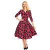 Pretty Kitty Fashion Vintage Red Rose Floral Print 3/4 Sleeve 50S Swing Dress | Rockabilly Dresses