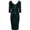 Pretty Kitty Fashion Emerald 3/4 Sleeve V Neck Velour Sequin Pencil Wiggle Party Dres | Wiggle Dresses