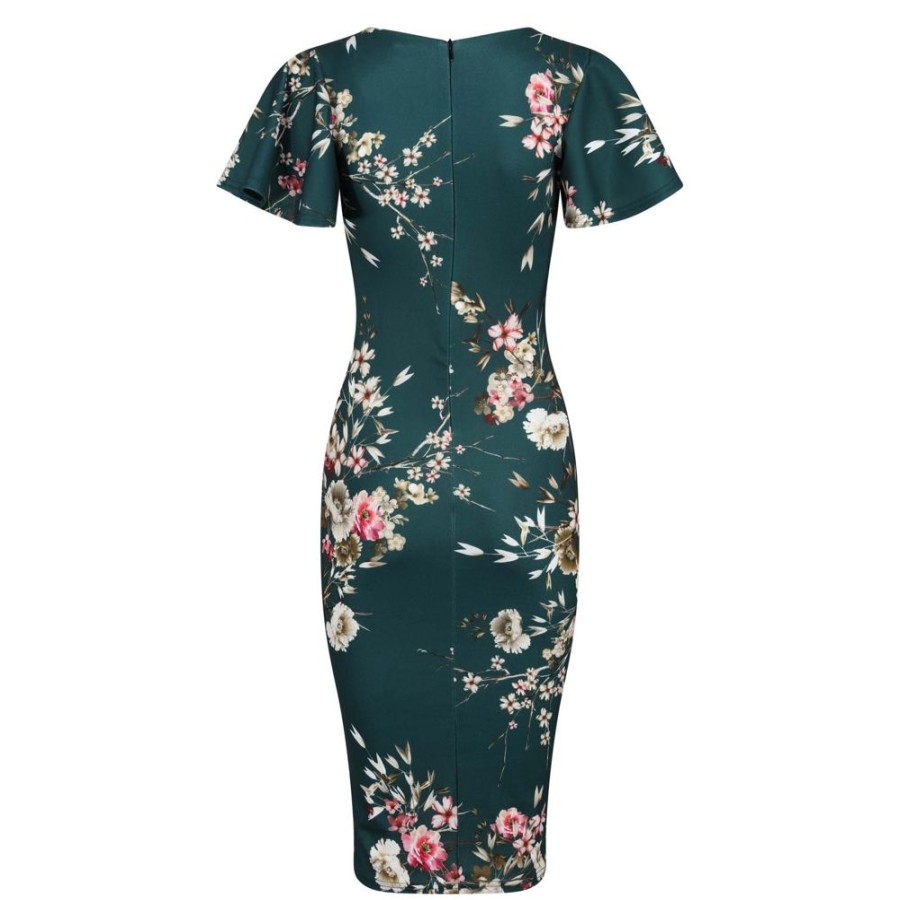 Pretty Kitty Fashion Forest Floral Half Sleeve Deep V Neck Crossover Top Wiggle Dress | Party Dresses