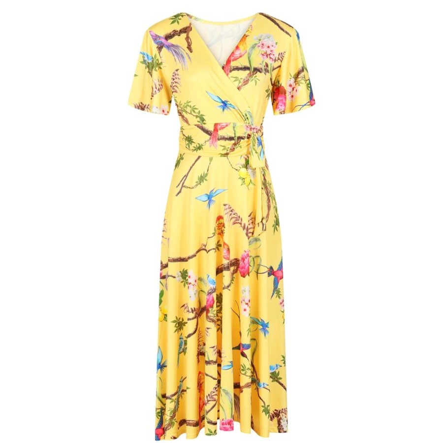 Pretty Kitty Fashion Floral Bird Print Cap Sleeve Crossover Wrap Top Swing Dress | 50S Swing Dresses