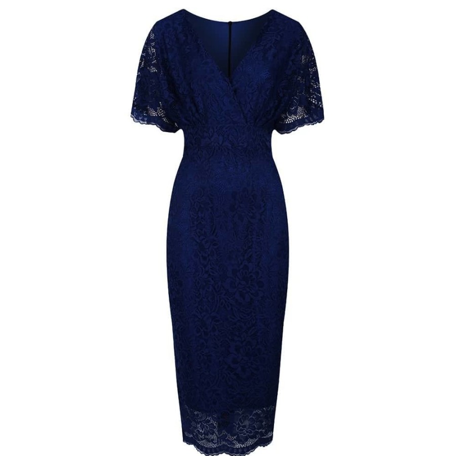 Pretty Kitty Fashion Blue Vintage Lace Detail Bodycon Midi Pencil Dress | Floral Dresses