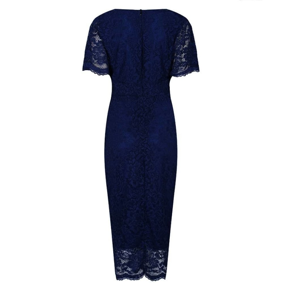 Pretty Kitty Fashion Blue Vintage Lace Detail Bodycon Midi Pencil Dress | Floral Dresses