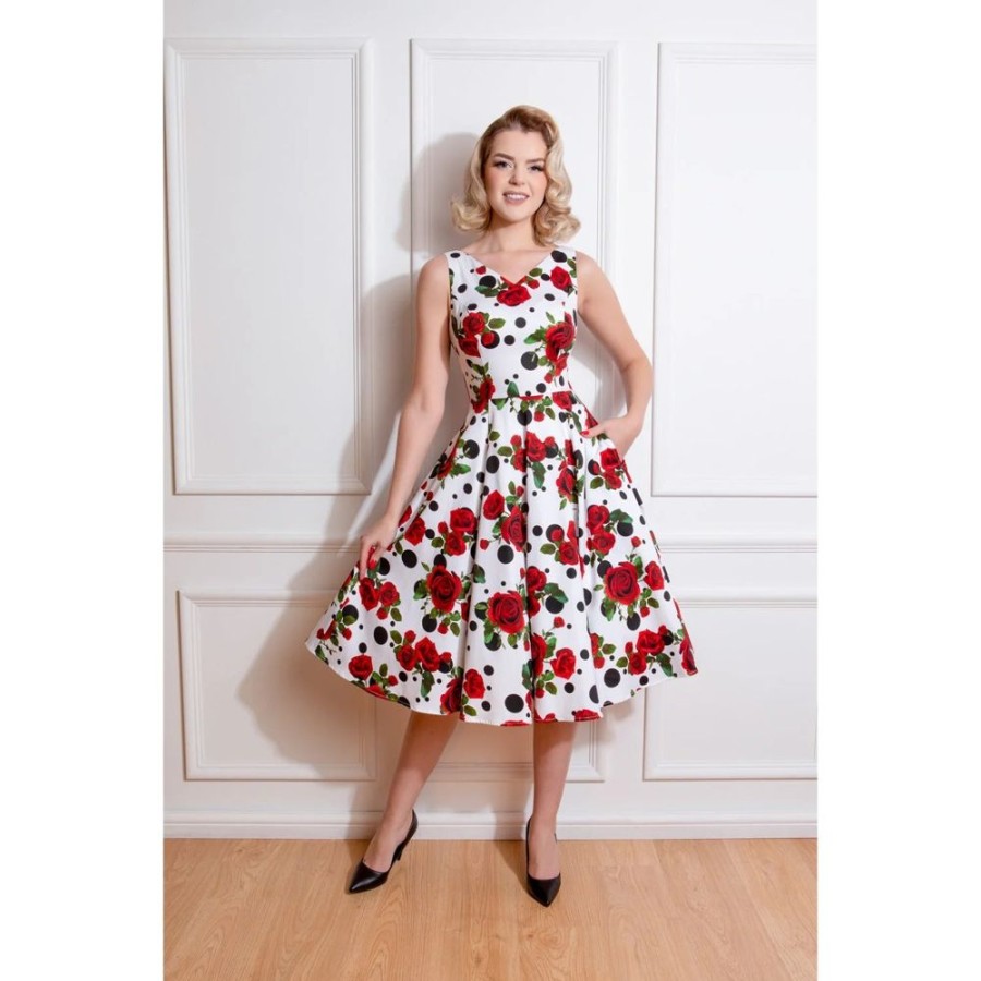 Pretty Kitty Fashion Polka Dot & Red Rose Print Rockabilly 50S Swing Dress W/ Pockets | 50S Swing Dresses