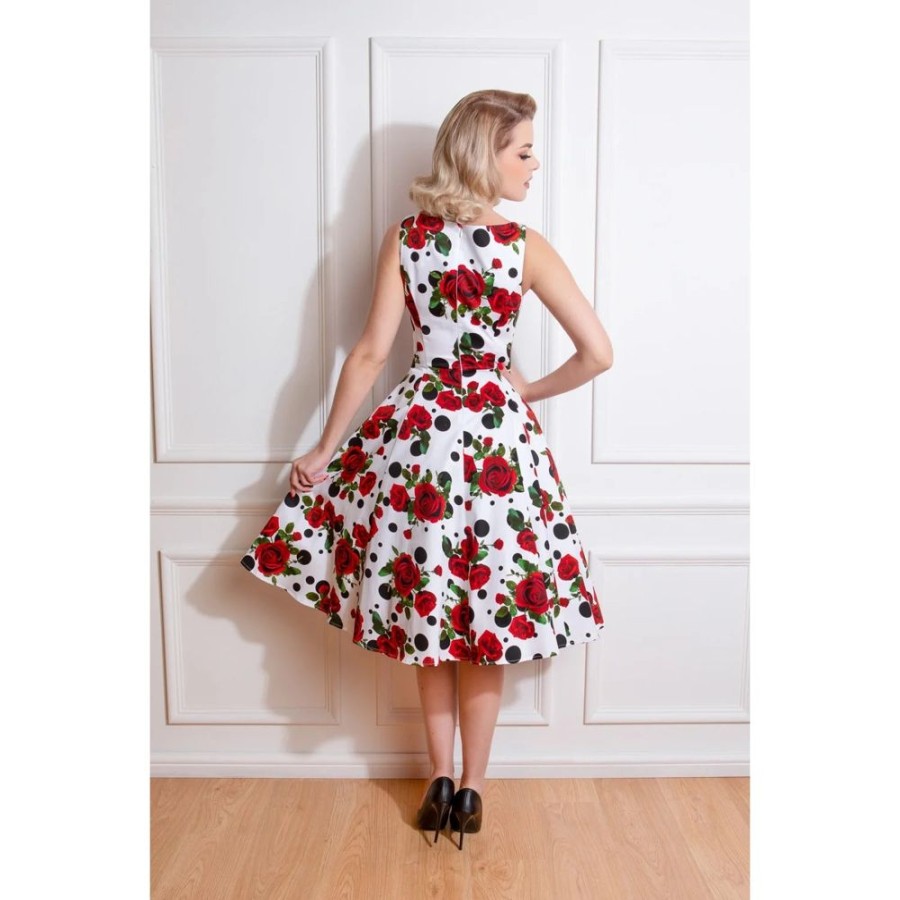 Pretty Kitty Fashion Polka Dot & Red Rose Print Rockabilly 50S Swing Dress W/ Pockets | 50S Swing Dresses