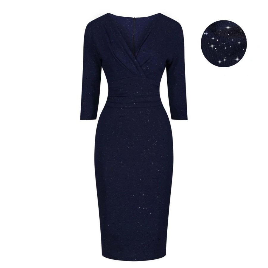 Pretty Kitty Fashion Navy Silver Sparkle Deep V 3/4 Sleeve Bodycon Ruched Waist Wiggle | Party Dresses