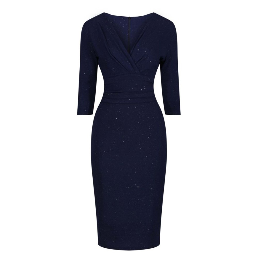 Pretty Kitty Fashion Navy Silver Sparkle Deep V 3/4 Sleeve Bodycon Ruched Waist Wiggle | Party Dresses