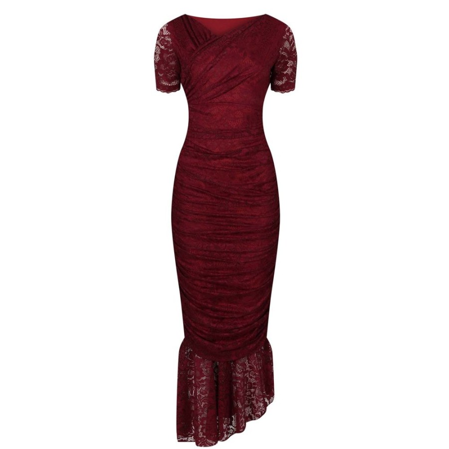 Pretty Kitty Fashion Burgundy Ruched Lace Maxi Dress | Cocktail Dresses