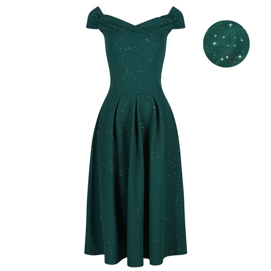 Pretty Kitty Fashion Forest Sparkly Crossover Bust Bardot Style 50S Swing Dress | Party Dresses