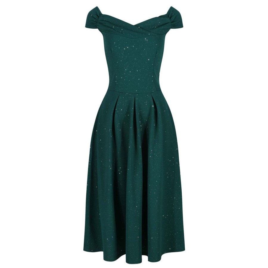 Pretty Kitty Fashion Forest Sparkly Crossover Bust Bardot Style 50S Swing Dress | Party Dresses