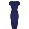 Pretty Kitty Fashion Blue Deep V Cap Sleeve Bodycon Ruched Waist Wiggle Dress | Wiggle Dresses