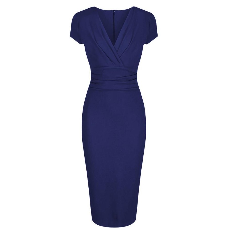 Pretty Kitty Fashion Blue Deep V Cap Sleeve Bodycon Ruched Waist Wiggle Dress | Wiggle Dresses