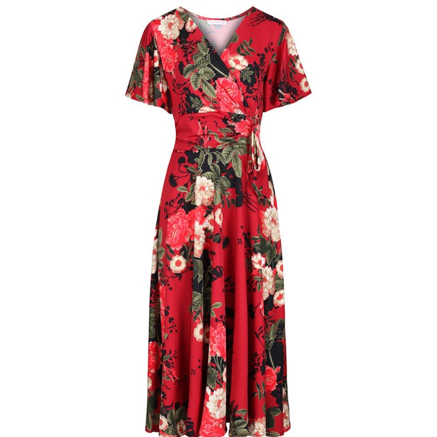 Pretty Kitty Fashion Wine Floral Print Cap Sleeve V Neck Wrap Top Swing Dress | Party Dresses