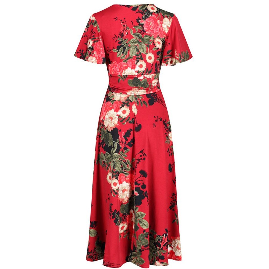 Pretty Kitty Fashion Wine Floral Print Cap Sleeve V Neck Wrap Top Swing Dress | Party Dresses