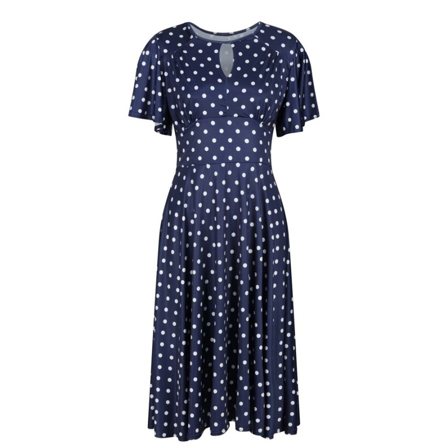 Pretty Kitty Fashion Navy White Polka Dot Waterfall Sleeve Swing Dress | Tops