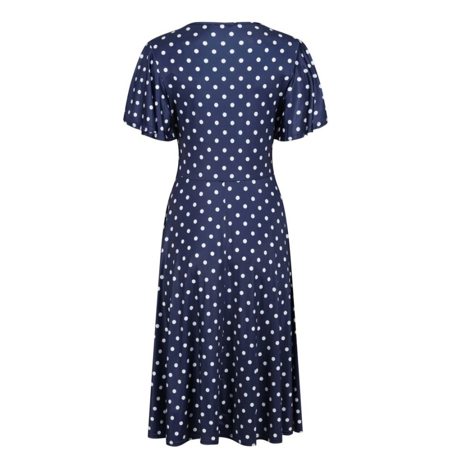 Pretty Kitty Fashion Navy White Polka Dot Waterfall Sleeve Swing Dress | Tops