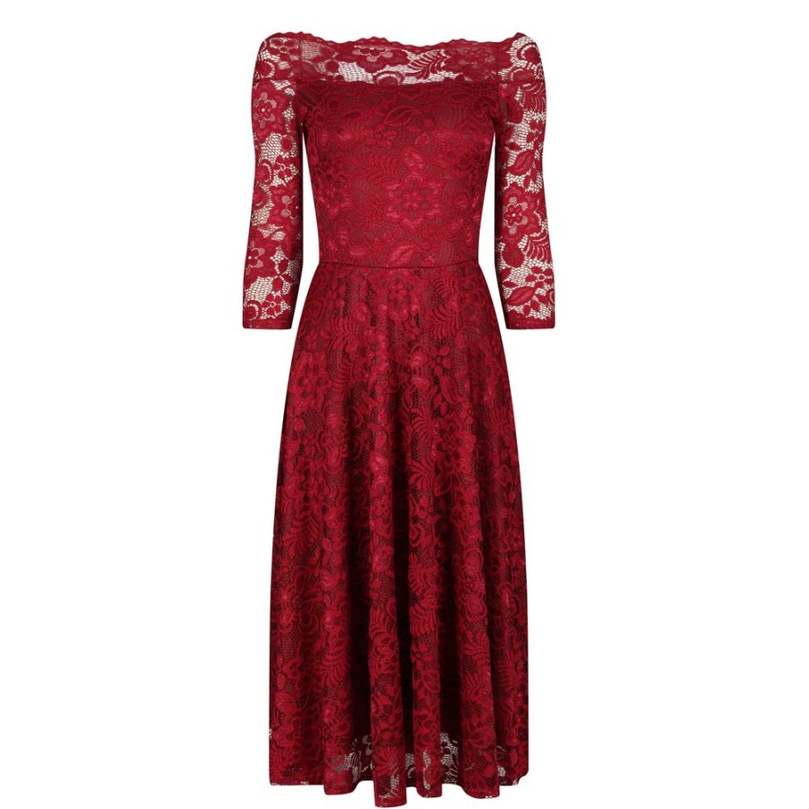 Pretty Kitty Fashion Wine Lace Vintage Style Swing Dress With 3/4 Sleeves & Boat Neck | Wiggle Dresses