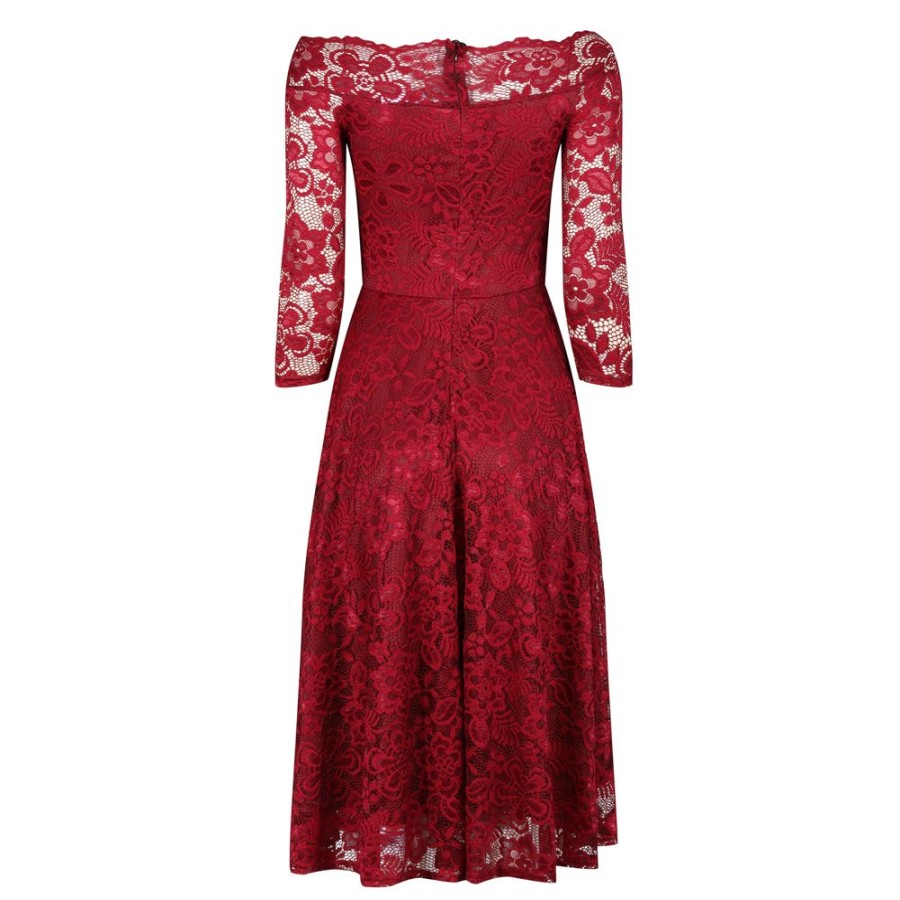 Pretty Kitty Fashion Wine Lace Vintage Style Swing Dress With 3/4 Sleeves & Boat Neck | Wiggle Dresses