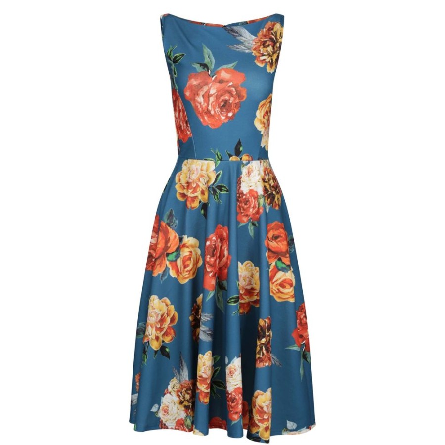 Pretty Kitty Fashion Teal Rose Floral Print Audrey Style 1950S Swing Dress | Floral Dresses