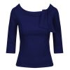 Pretty Kitty Fashion Vintage Navy 3/4 Sleeve Tie Neck Top | Tops