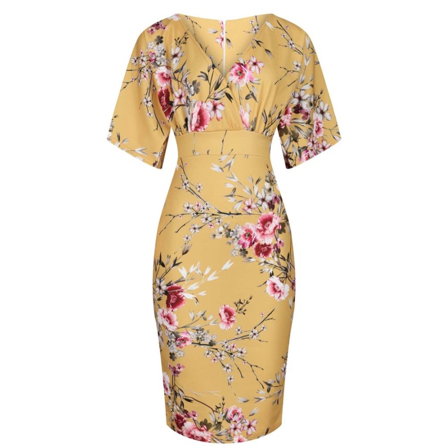 Pretty Kitty Fashion Mustard Floral Half Batwing Sleeve Crossover Top Pencil Dress | Party Dresses