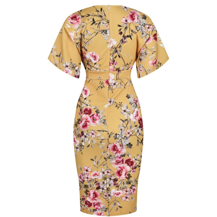 Pretty Kitty Fashion Mustard Floral Half Batwing Sleeve Crossover Top Pencil Dress | Party Dresses