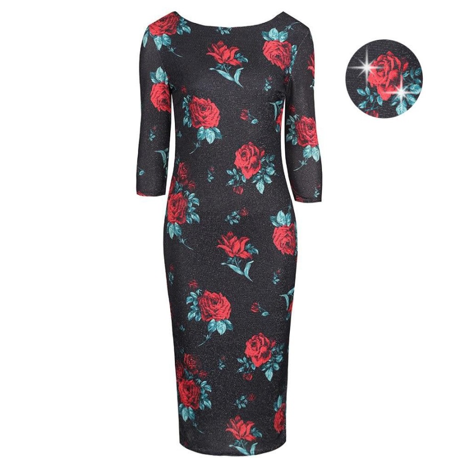 Pretty Kitty Fashion And Red Rose Print 1940S Sparkle Bodycon Pencil Wiggle Party Dre | Floral Dresses