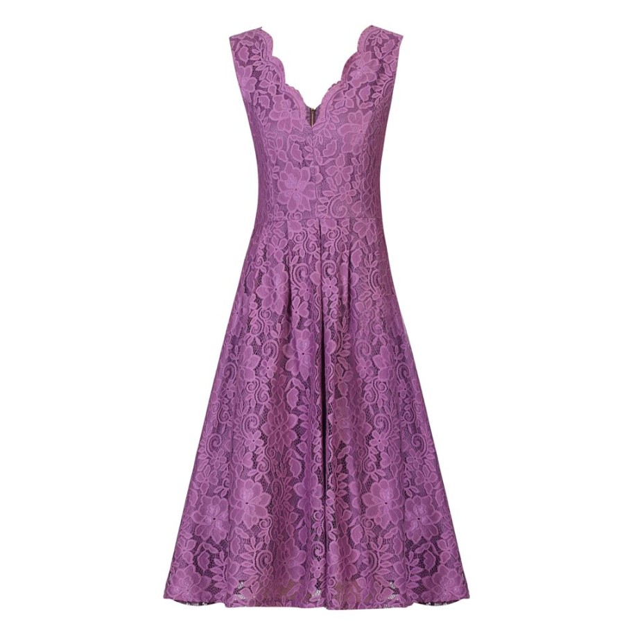 Jolie Moi Jolie Moi Dark Mauve Embroidered Lace Sleeveless V Neck 50S Swi | Lace Dresses