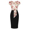 Pretty Kitty Fashion Retro Red Cream White Floral Print Tie Front Bodycon Midi Dress | Wiggle Dresses