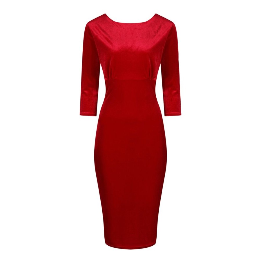 Pretty Kitty Fashion Velour Boatneck 3/4 Sleeve Bodycon Gathe Waist Wiggle Dress | Pencil Dresses