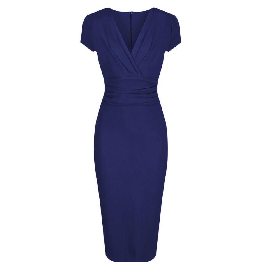 Pretty Kitty Fashion Blue Deep V Cap Sleeve Bodycon Ruched Waist Wiggle Dress | Pencil Dresses