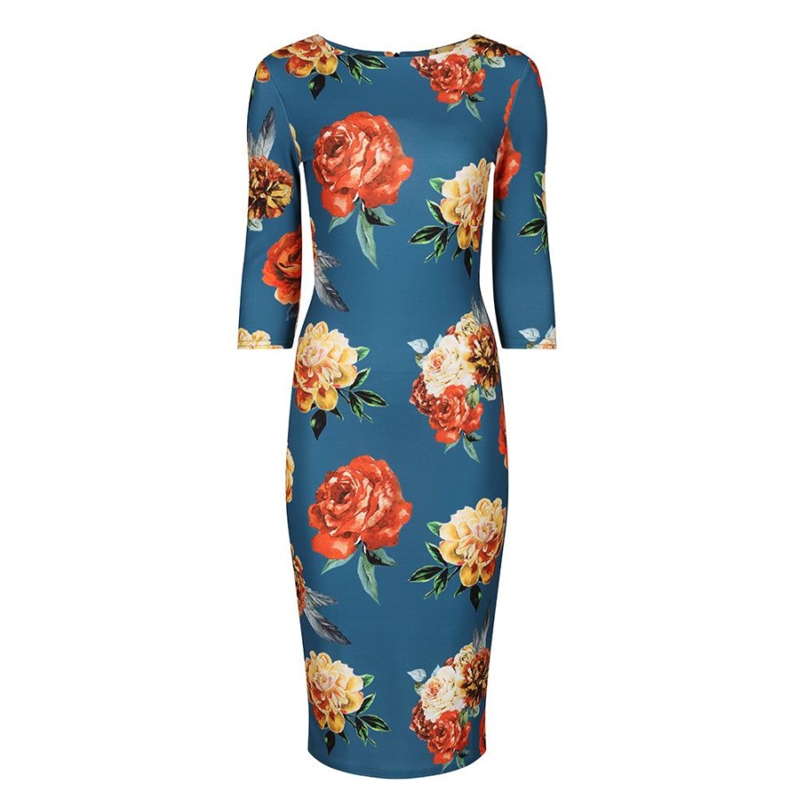 Pretty Kitty Fashion Teal Rose Floral Print 3/4 Sleeve Bodycon Pencil Wiggle Dress | Party Dresses