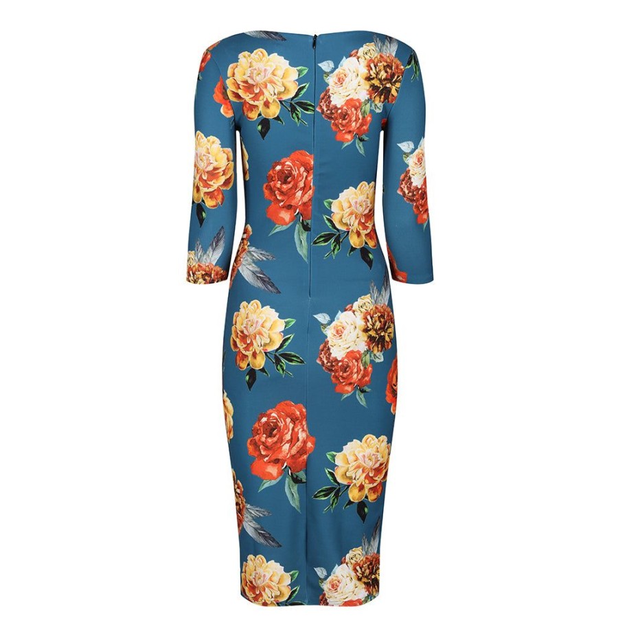 Pretty Kitty Fashion Teal Rose Floral Print 3/4 Sleeve Bodycon Pencil Wiggle Dress | Party Dresses