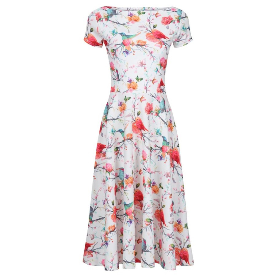 Pretty Kitty Fashion Floral, Bird & Butterfly Print Cap Sleeve 50S Audrey Swing Dress | Audrey Dresses