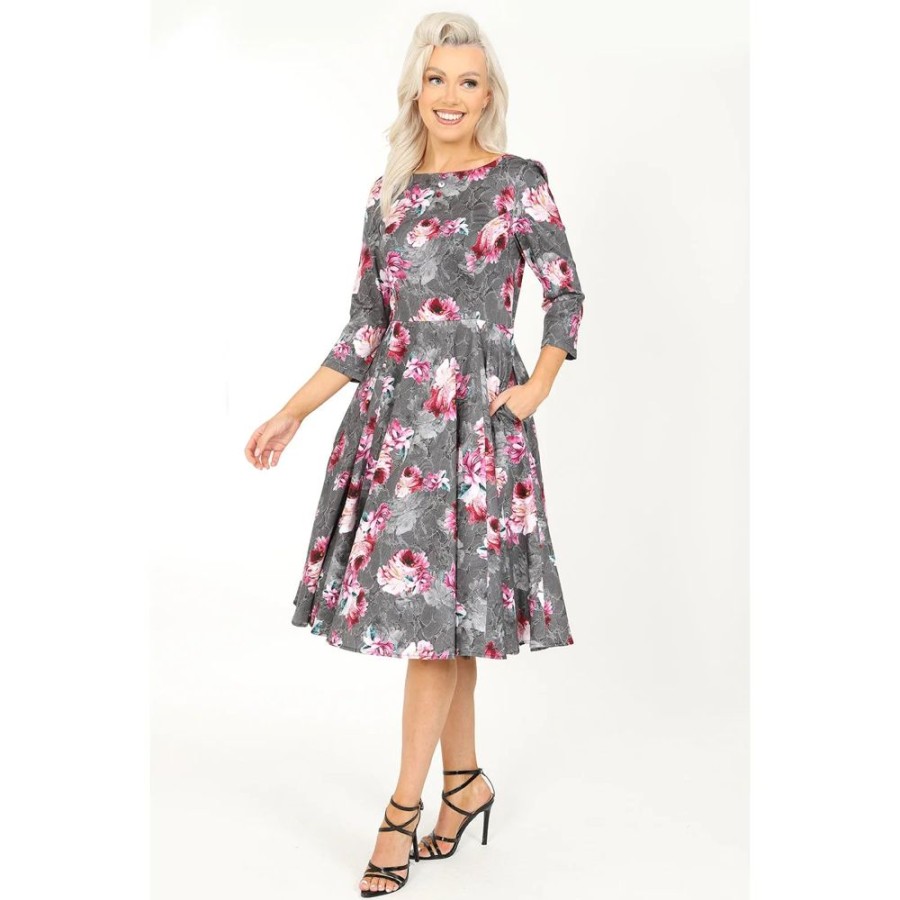 Hearts and Roses Pink Floral Print 50 3/4 Sleeve Swing Tea Dress With Pockets | Rockabilly Dresses