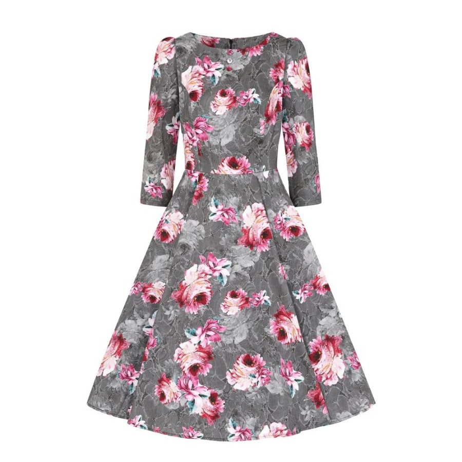 Hearts and Roses Pink Floral Print 50 3/4 Sleeve Swing Tea Dress With Pockets | Rockabilly Dresses