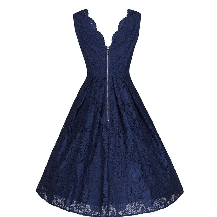 Jolie Moi Jolie Moi Vintage Navy Embroidered Lace Swing Dress | Cocktail Dresses