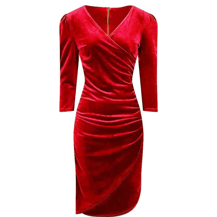 Pretty Kitty Fashion Scarlet Velour Velvet Wrap Over 3/4 Sleeve Midi Dress | Pencil Dresses