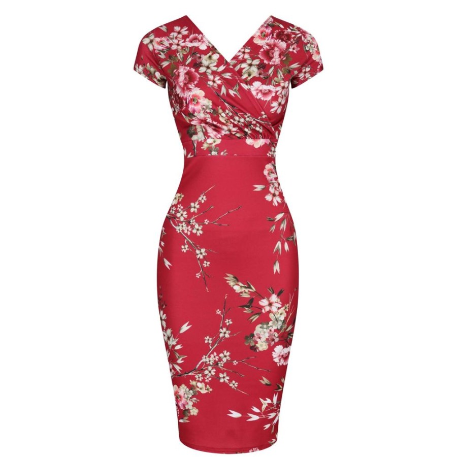 Pretty Kitty Fashion Floral Print Crossover Top Cap Sleeve Pencil Dress I | Pencil Dresses