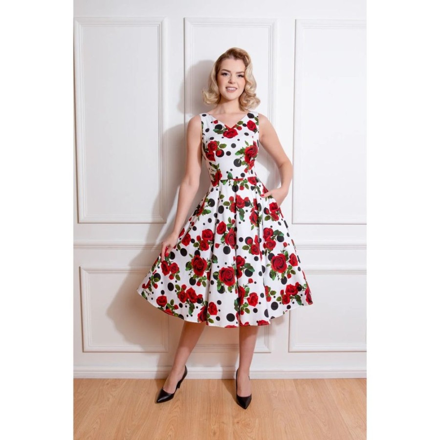 Pretty Kitty Fashion Polka Dot & Red Rose Print Rockabilly 50S Swing Dress W/ Pockets | Rockabilly Dresses