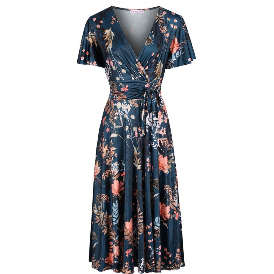 Pretty Kitty Fashion Dark Floral Print Cap Sleeve V Neck Wrap Top Swing Dress | Floral Dresses