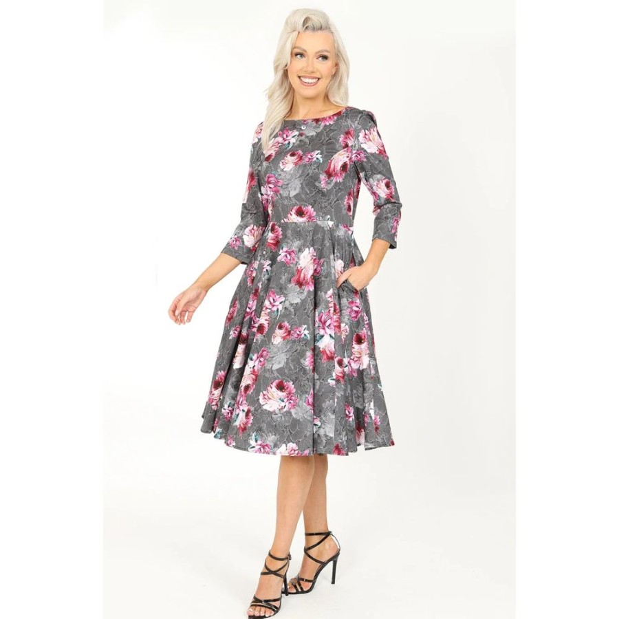 Hearts and Roses Pink Floral Print 50 3/4 Sleeve Swing Tea Dress With Pockets | Floral Dresses